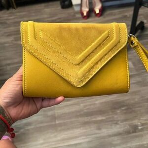 Aldo Clutch Handbag Mustard Yellow with Hand Strap, Magnetic Clip Close